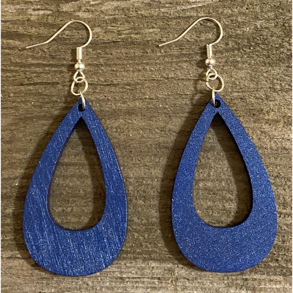 Wood Earrings - 2" x 1.14" - Offset Teardrop - Blue Metallic - E007-03